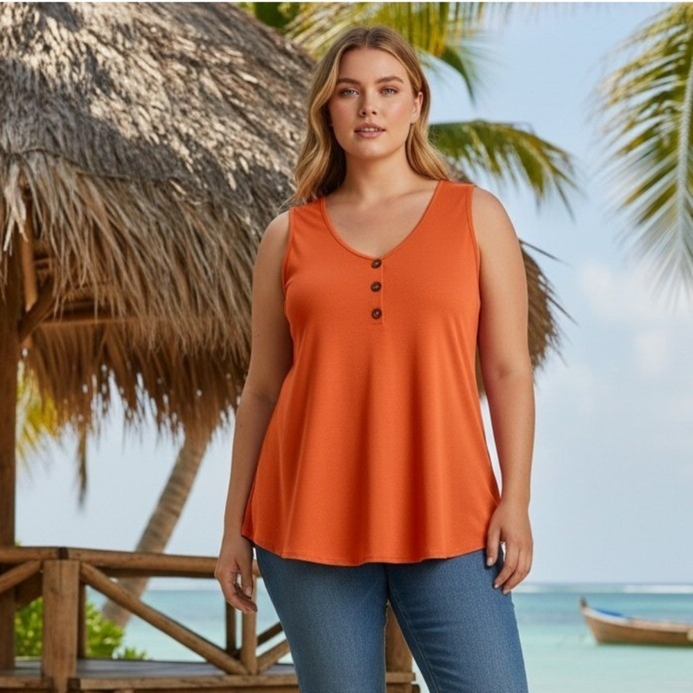 Star Vixen Women Orange Sleeveless Henley V-Neck Tank Top 3X New